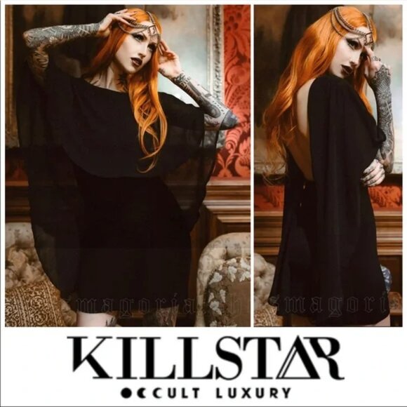 Killstar Black Sheer Cape Dress - Picture 4 of 14
